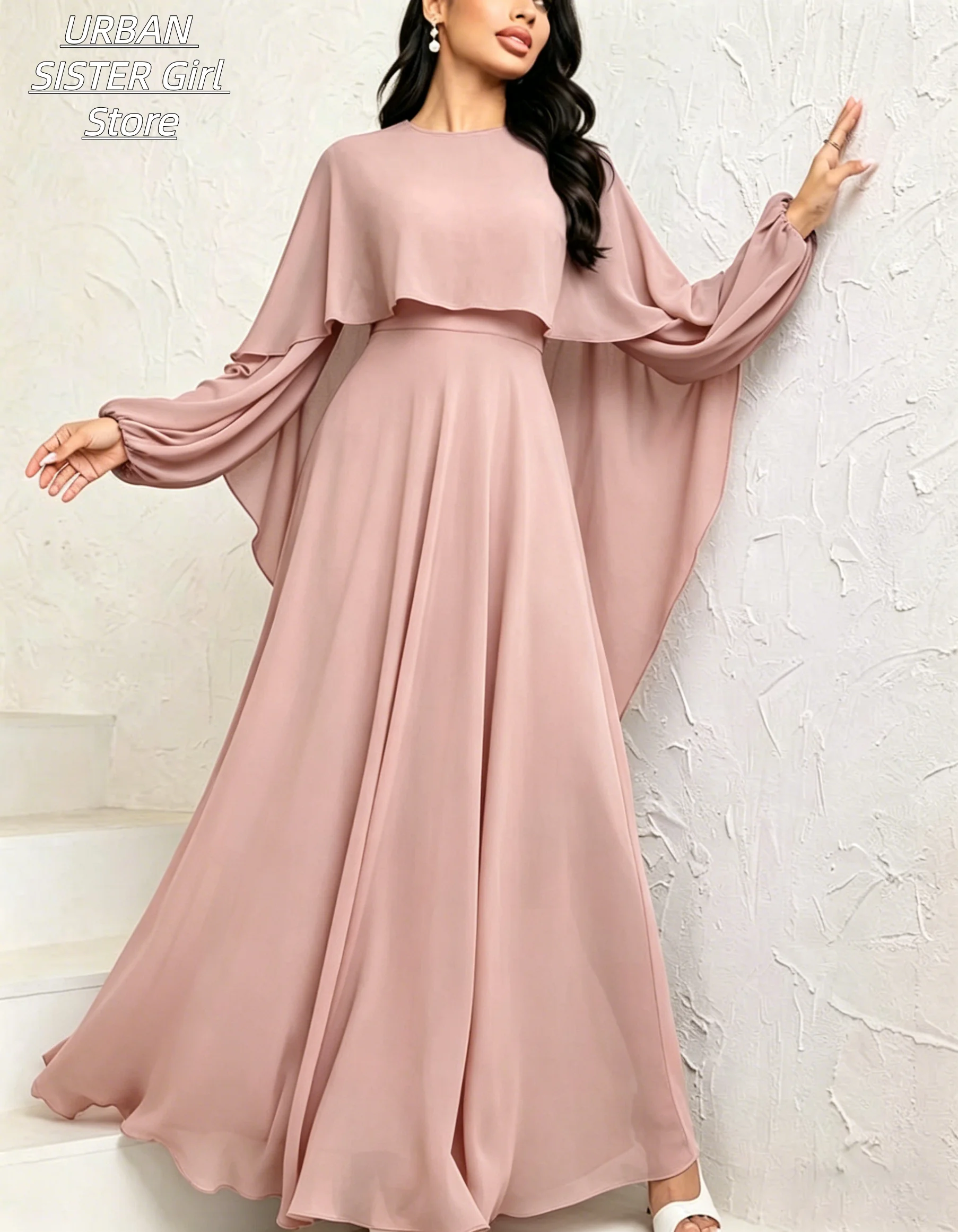 Nude Pink Round-Neck Cape Shawl Puff Long-Sleeve High-Waist Flowing Chiffon Long Dress, Elegant and Figure-Flattering Wedding Bridesmaid Banquet Gown view 3