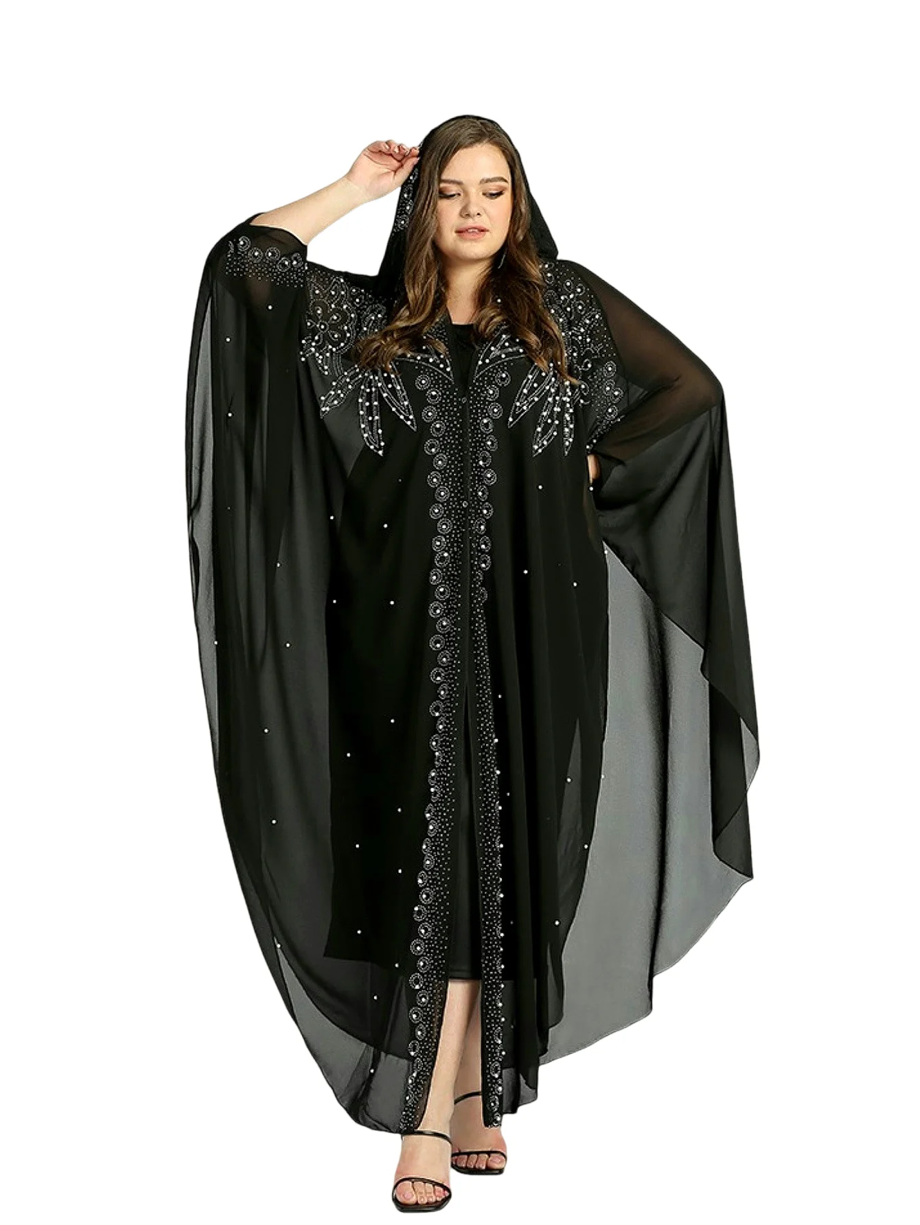 

Dubai African Dresses for Women Pearl Chiffon Hooded Muslim Dress African Dashiki Clothing Boubou Kaftan Abaya Robe Evening Gown