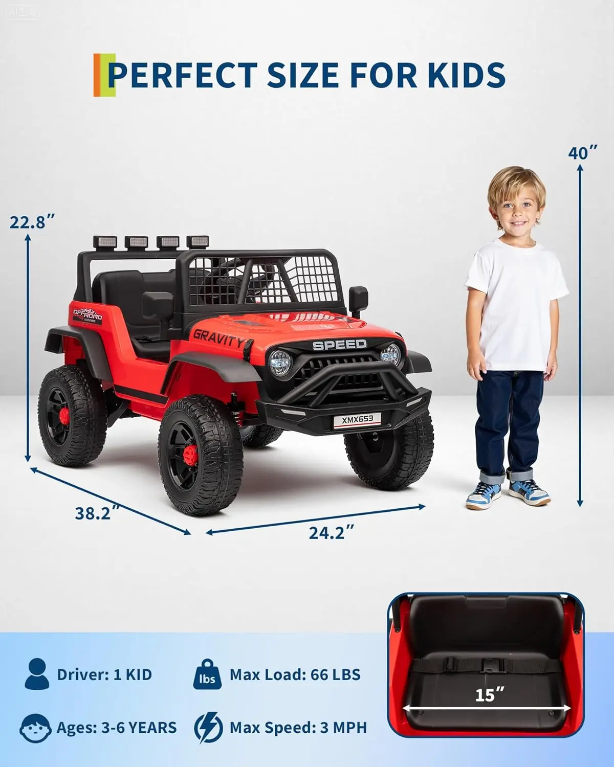 12V Kids Ride On Truck Car w/Parent Remote Control, 3 Speeds, Emergency Braking, LED Lights, Music & Horn Kids Electric Vehicles