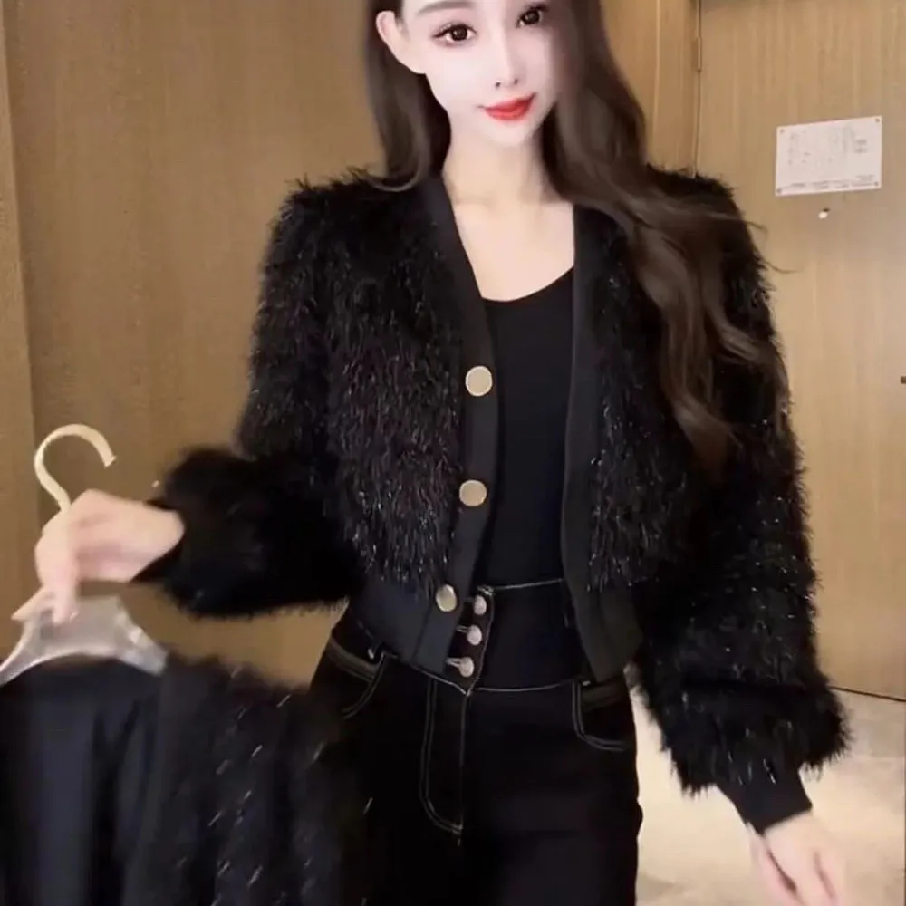 

Женский кардиган с блестками, женская модная повседневная куртка цвета дракона и фруктов, короткое пальто, женская верхняя одежда средней длины, элегантная уличная одежда