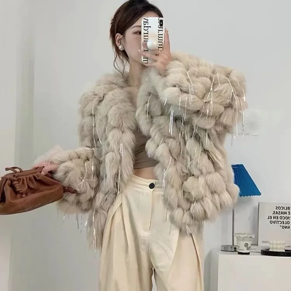 Real Fox Fur Jackets New Natural Fox Fur Coat with Tassels Fashion Winter Warm Fur Coat Women Coatsfur Coat Thick Hotsweet