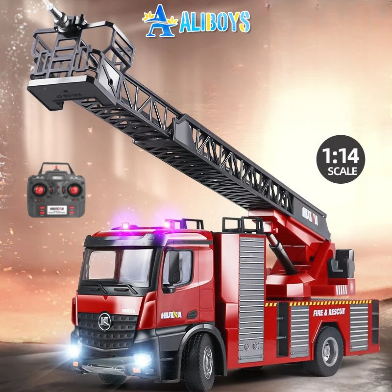 HUINA RC Fire Truck 22 Channels Rescue Ladder Tractor Engineering Vehicle Model with Pump Water Sprinkler Toy Kid Birthday Gift