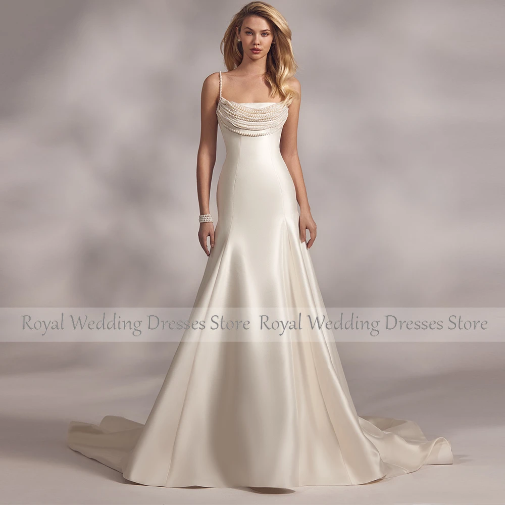 Boho Bohemian Hall Wedding Dress Lvory Satin Pearl Ruched Mermaid Spaghetti strap Floor Length Dresses Gowns 2024
