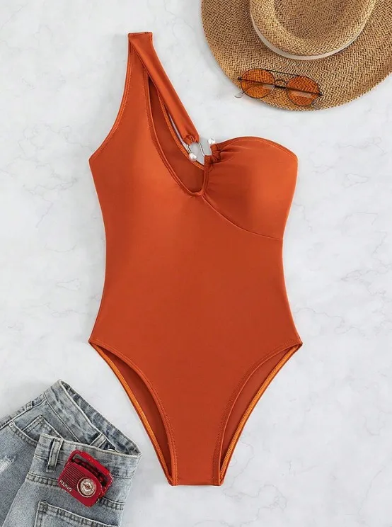Sexy Swimsuit Push-Up Tummy Control Solid Swimsuit Plunge Padded Bust Enhancing Swimsuit High Waist Slimming One-Piece