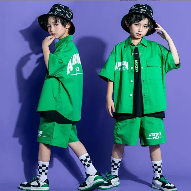 Pants For Girl Boys Jazz Dance Costume Rave Clothes Kids Concert Kpop Hip Hop Clothing Green Cardigan Shirt Tops Cargo Shorts