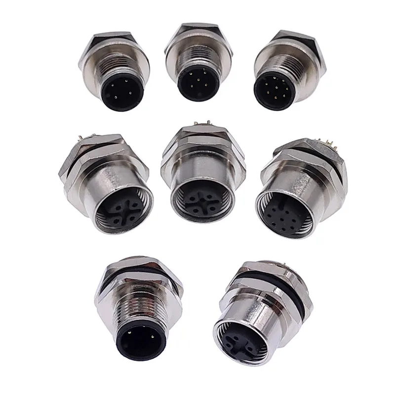 M12 Panel Back Mount Flange Socket Sensor Connector Waterproof Screw Threaded Coupling Male Female 3 4 5 8Pin M1216