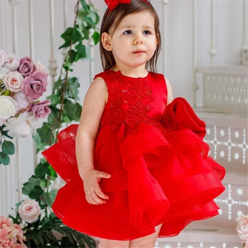 Customised Color Organza Layered Flower Girl Dress Tulle Puffy Tiered Appliques for Little Baby Girls Birthday Party Gowns