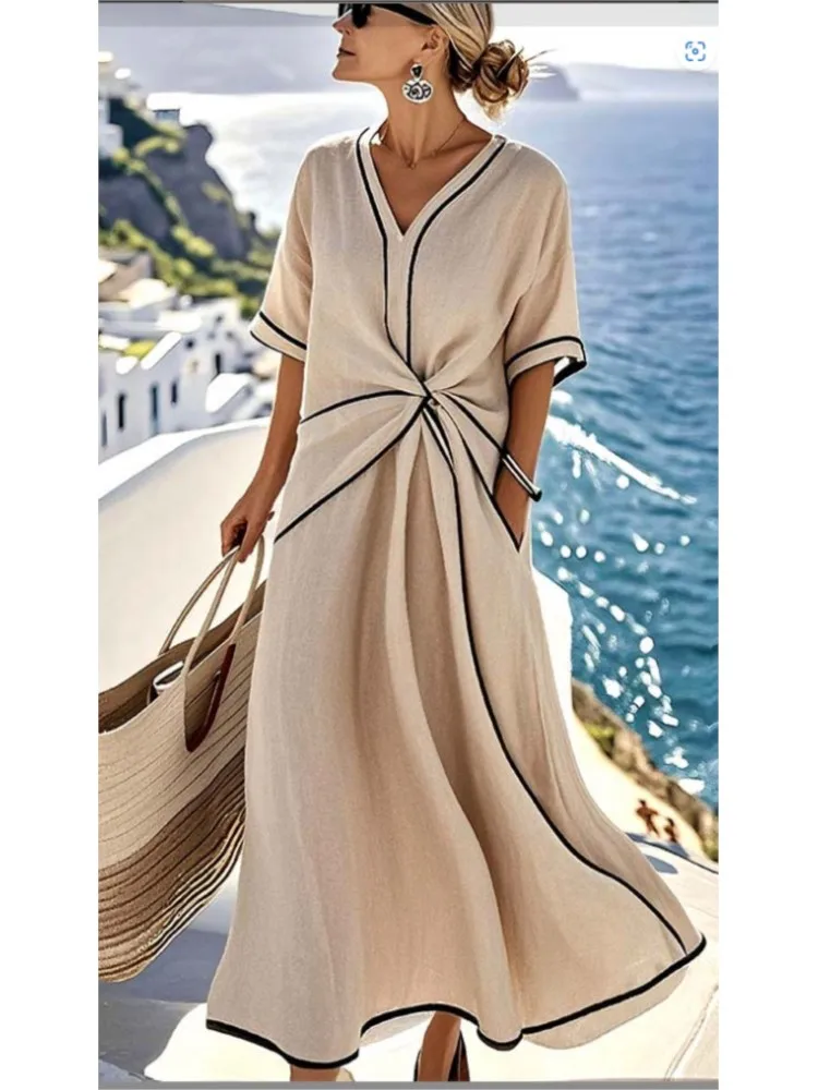Woman Striped Print Folds Maxi Dresses 2025 Spring Summer Casual V Neck Short Sleeve Vacation Beach Long Dress Boho Loose Dress - Image 3