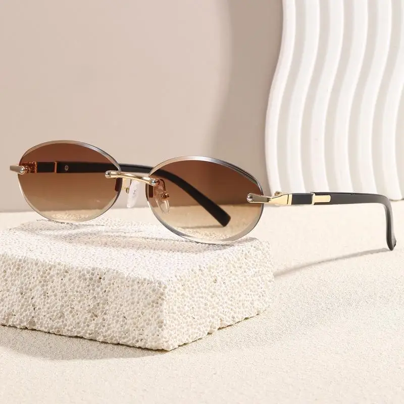 Trendige Sonnenbrille mit geschnittenem Rand, personalisierbar, ovaler Rahmen, neue rahmenlose Spicy Girl Hip-Hop-Sonnenbrille, Metall-DAMEN-Sonnenbrille, Herren-Su – Detail 12