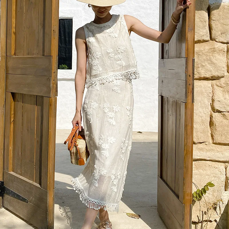 

French Embroidery Set Women Sleeveless Top & Slim Skirt 40% Cotton Crochet Tassel Summer Casual Suit