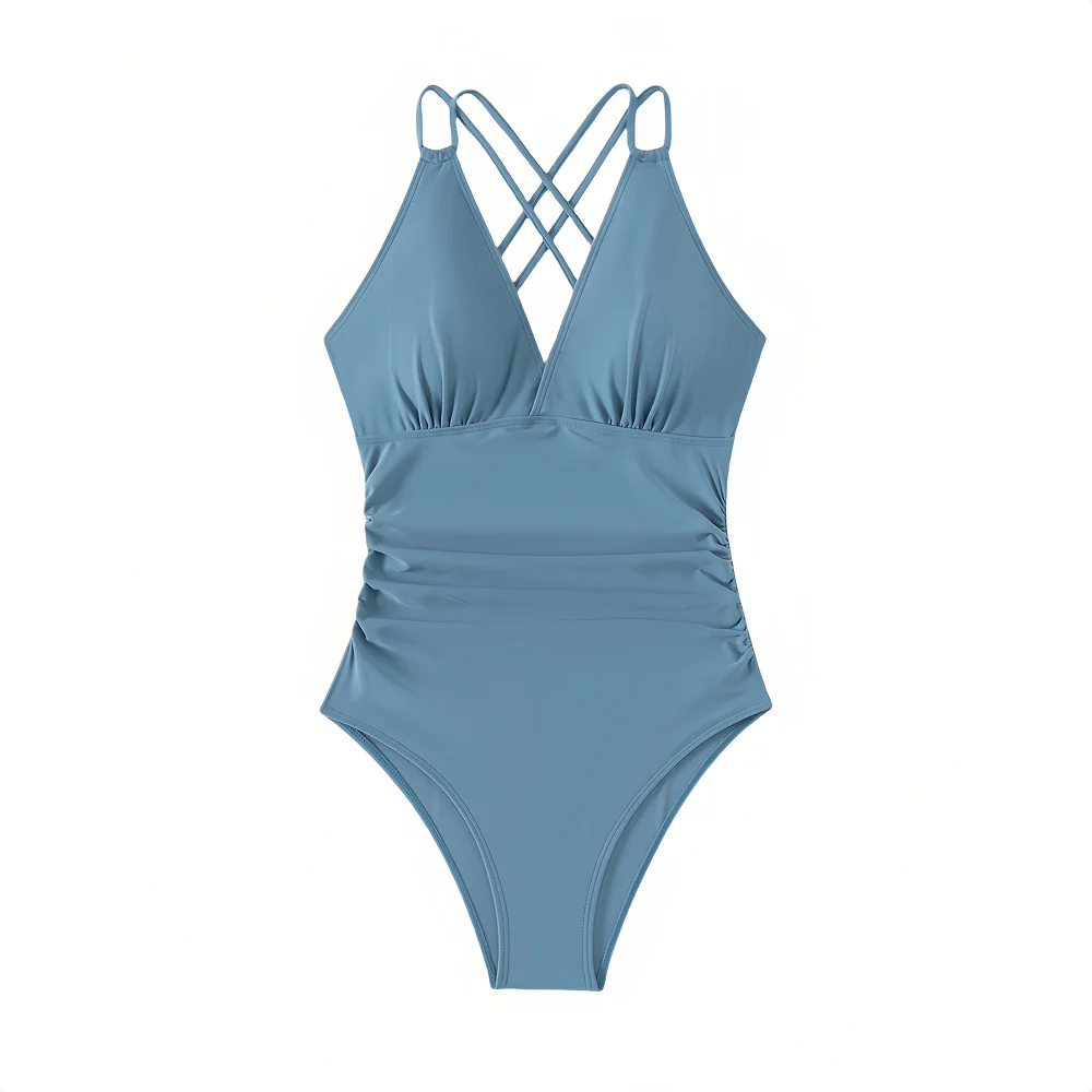 بدلة سباحة نسائية قطعة واحدة برقبة على شكل V بدلة استحمام نسائية متقاطعة من الخلف تصميم مكشكش بدلة سباحة أنيقة 2025 بيكيني مثير ملابس سباحة للشاطئ