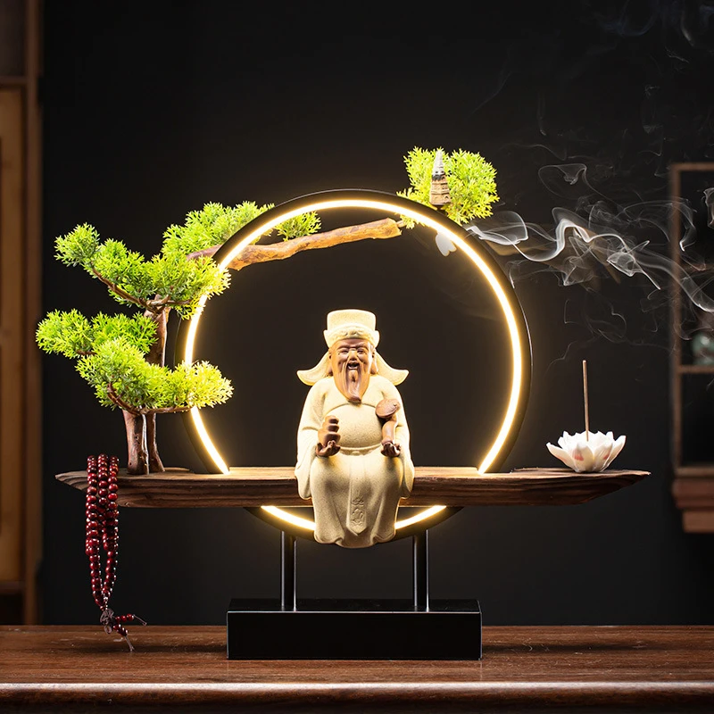 New Chinese-Style Creative Lighting With Reverse-Flow Incense Burner And Feng Shui God Of Wealth Figurine, Fortune-Bringing Budd