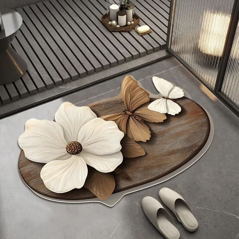 French Light Luxury Wood Grain Floral Bathroom Carpet Absorbent Anti Slip Quick Drying Foot Pad Bathroom Entrance Carpet
