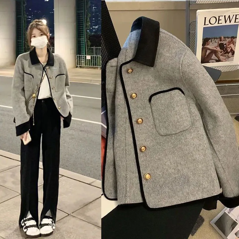 Biyaby Women's Tweed Coat Autumn Winter Elegant Pocket Single Breasted Short Jacket Women Vintage Lapel Woolen Outwear Ladies