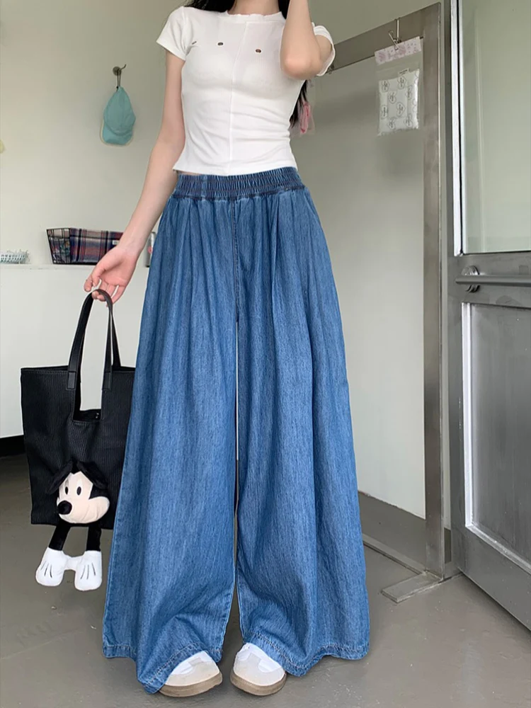 2024 Summer Fashion Denim Wide Pants Womens Loose Jeans Ladies Leisure Vintage Elastic Waist Trouser