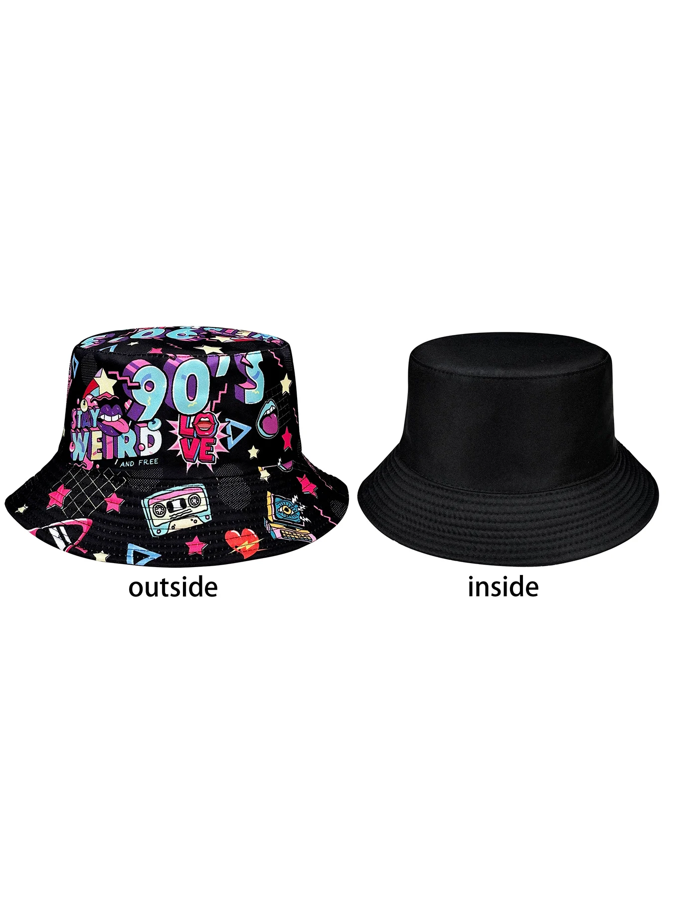 Abstract Personality Tape Print Black 90S Style Bucket Hat, Reversible Sun Hat, Foldable Fashion Bucket Hat, Suitable for All Seasons, Perfect for Outdoor Travel and Party Outfits