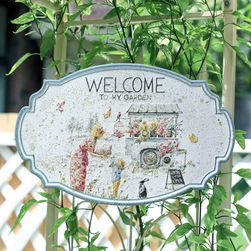 Sendeyuan Vintage Wrought Iron Wall Decor Retro Garden Balcony Ornament Welcome Door Sign Outdoor Home Decoration Art Piece