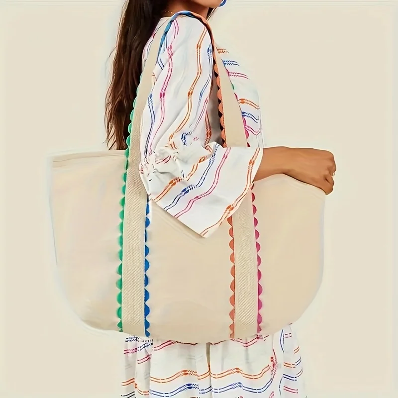 

New Style Thick Cotton Canvas Blank Beach Tote Bag with Colorful Trim Handle Monogram Personalized Women Shoulder Large Capacity