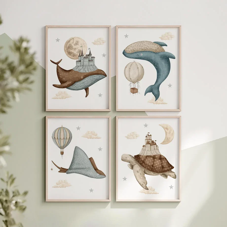 Whale Turtle Castle Balloon Nordic Nursery Wall Art Posters Art Prints Canvas Painting  Pictures Baby Kids Room Home Decoration