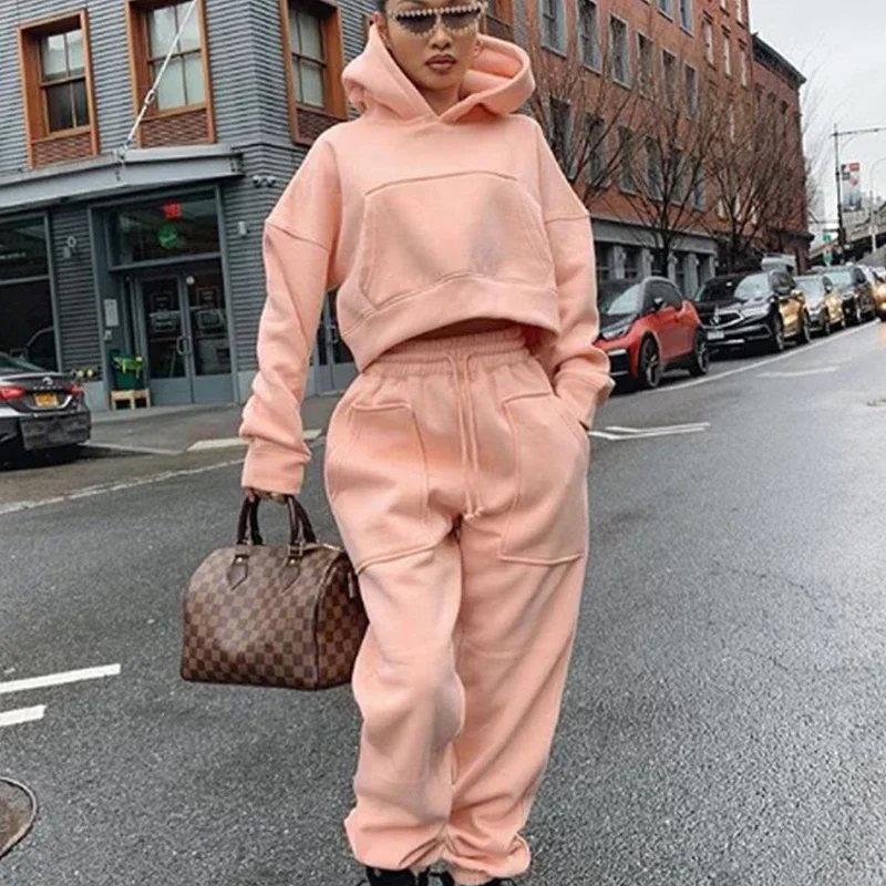 Fashion Green Fleece Sweatshirt Women Tracksuit Female Two Piece Sets 2023 Autumn Casual Streetwear Hoodie Long Pants Sports Set