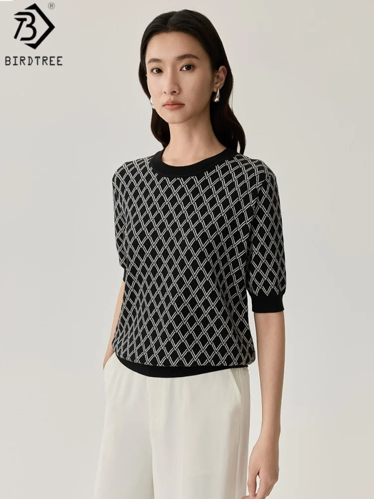 

Birdtree, 70% Silk 30% Cotton Plaid Tshirt, O-neck Short Sleeve Tops, Women Knitted Casual Loose Shirt, 2026 Summer New D64804JF