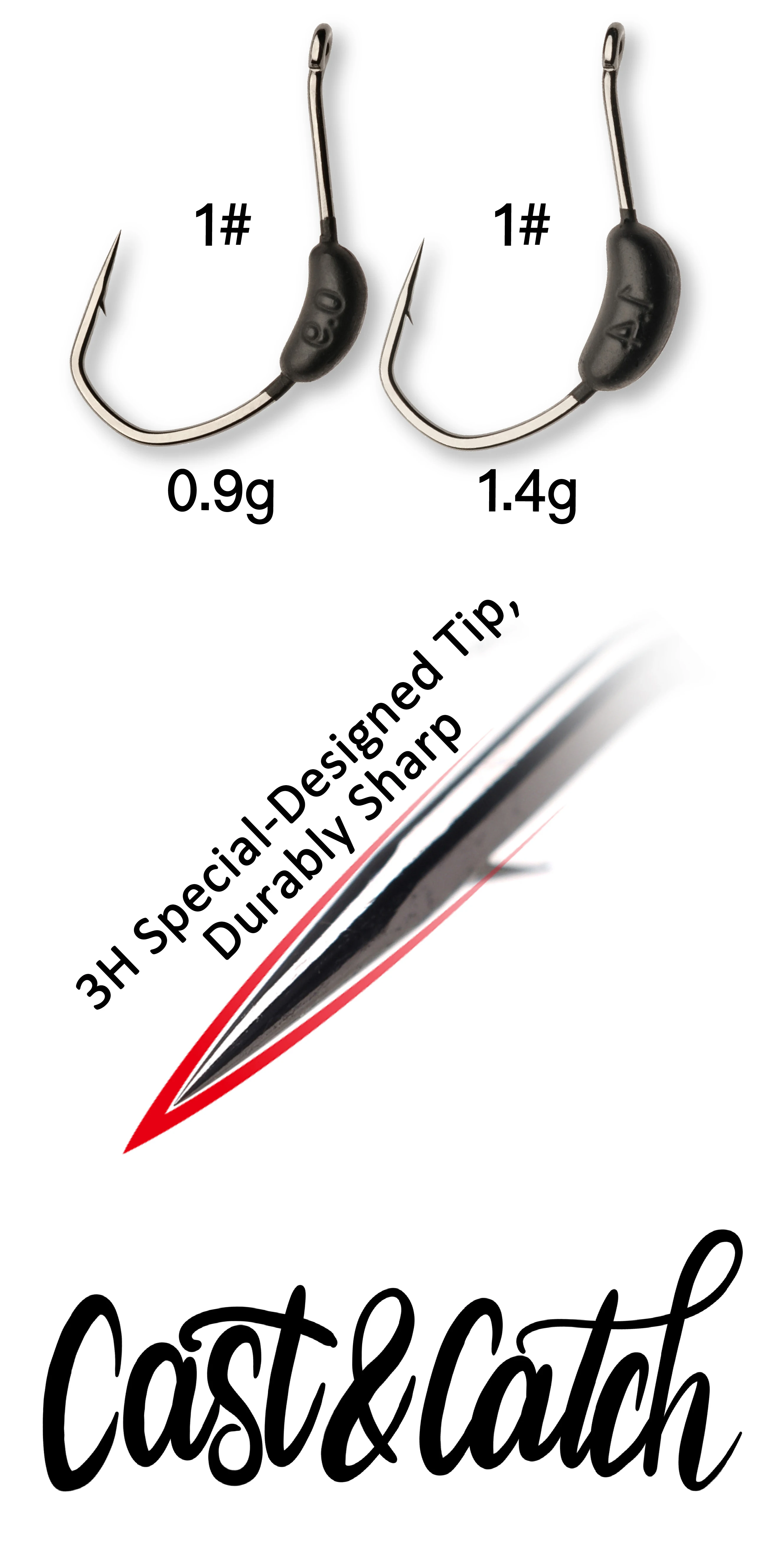 Cast&Catch gewichtete verrückte Haken mit 0,9 g/1,4 g Sinker-Barbed Anti-Escape-Köder-Angelhaken, 5er-Pack für Süßwasserbarsch/Forelle – Detail 2