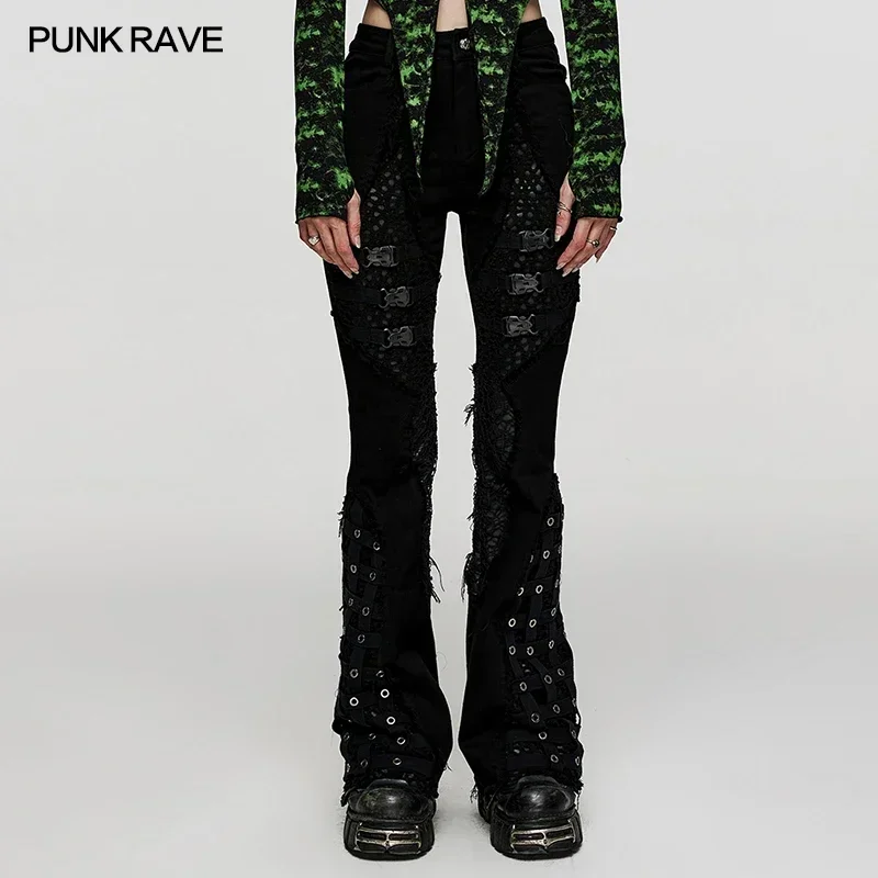 PUNK RAVE Women's Punk Style Cage Elastic Denim Flared Pants Personalized Cool Black Trousers Autumn/winter