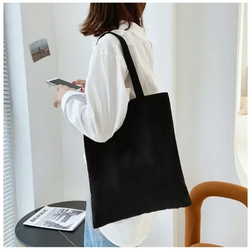 Large Capacity Black White Canvas Shoulder Tote Bag Folding Eco Cotton Handbag Reusable DIY Shoulder Bag Shopping Bag