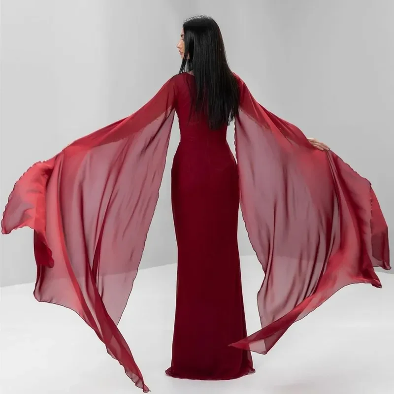 Indie Customized Long Burgundy Tulle Evening Dresses with Cape Sheath Asymmetrical Neck Floor Length Pleated Prom Dress Saudi