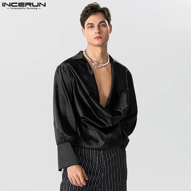 2023 Men Shirt Solid Color V Neck Long Sleeve Satin Fashion Male Irregular Shirts Loose Streetwear Casual Camisas S-5XL INCERUN