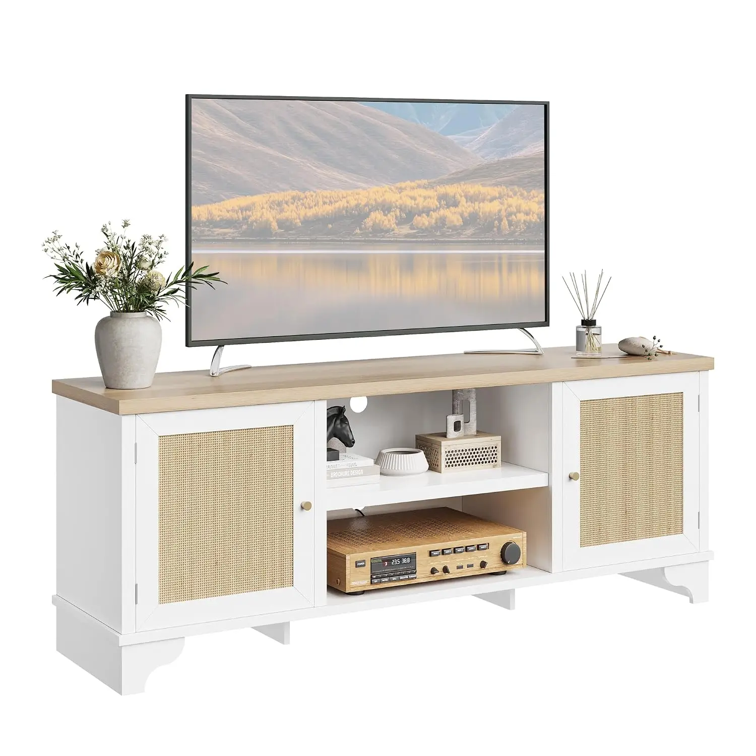 White Rattan TV Stand 70 Inch, Boho Entertainment Center Storage Cabinets & Open Shelves, 62