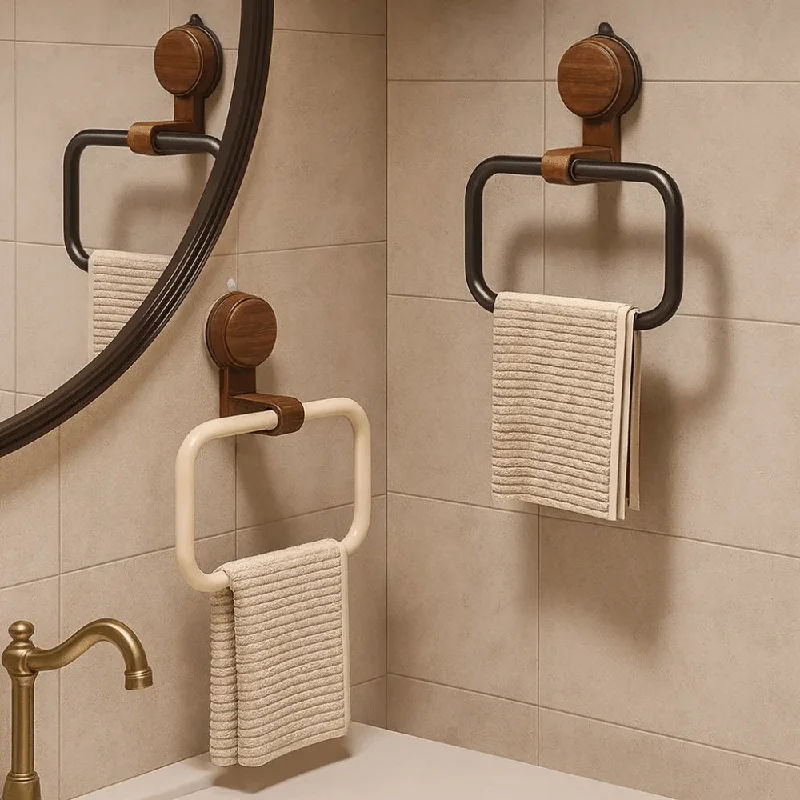 Walnut Suction Cup Towel Ring, No-Drill Wall Mount Round Towel Holder for Bathroom, Rustproof Wood Towel Bar