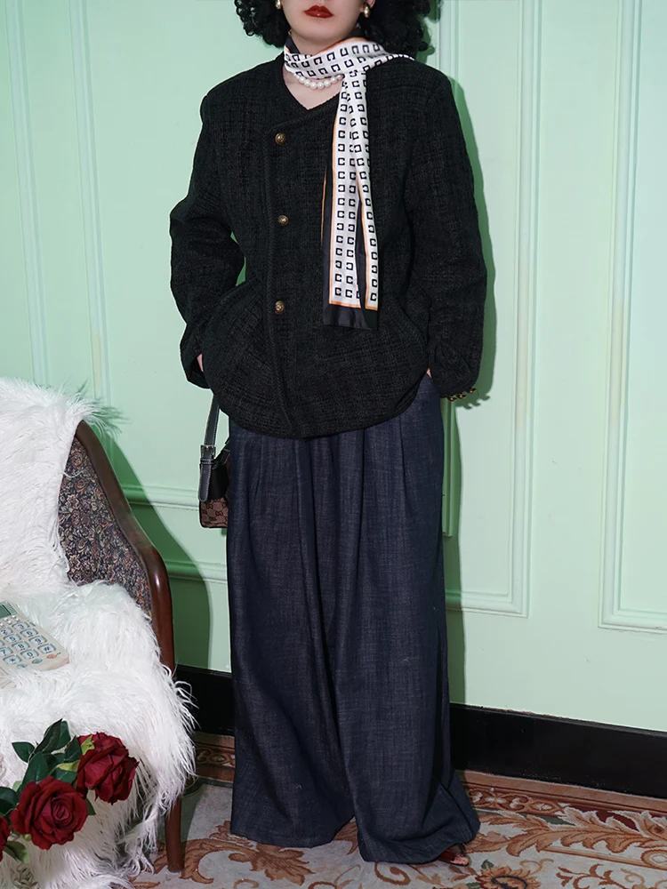 Bla ort Coat HI TWEN FIVE 2025 Autumn Winter New Sle round Ne Fraance Sle Women's Jaet Slim Fit Long Sve