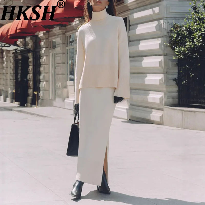 

HKSH осенне-зимний новый женский комплект, водолазка, вязаный свитер с длинными рукавами, однотонная элегантная модная юбка с разрезом по бокам HK11731