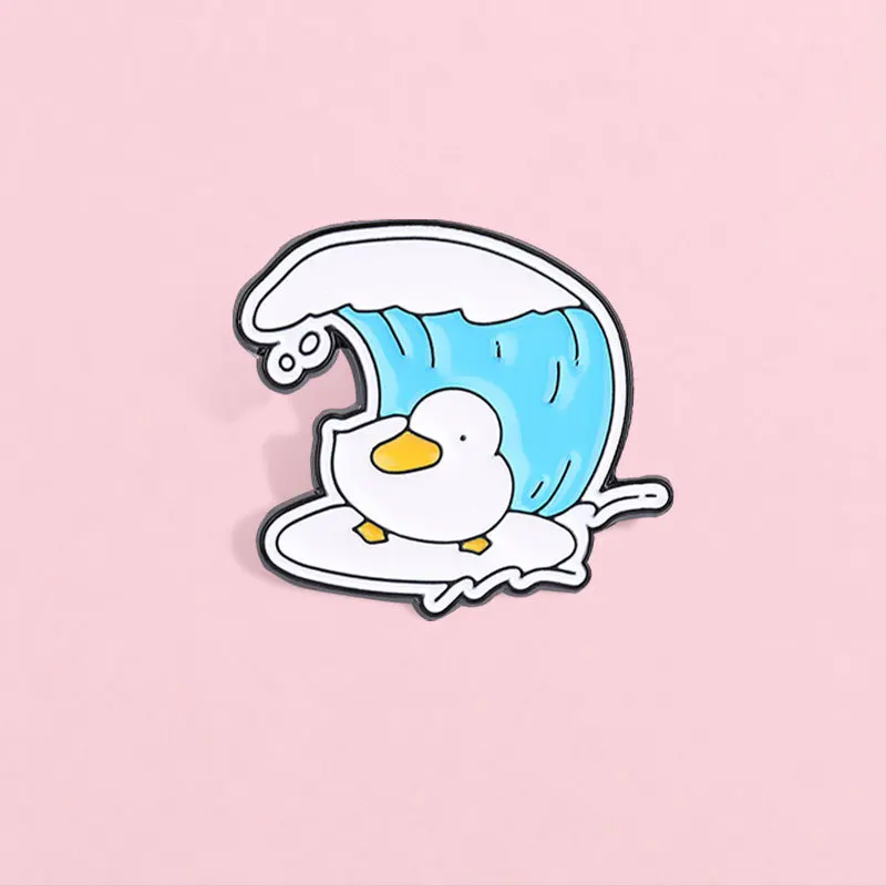 New Cartoon Blue and White Wave Duck Cute Metal Badge Fun Surfing White Duck Brooch