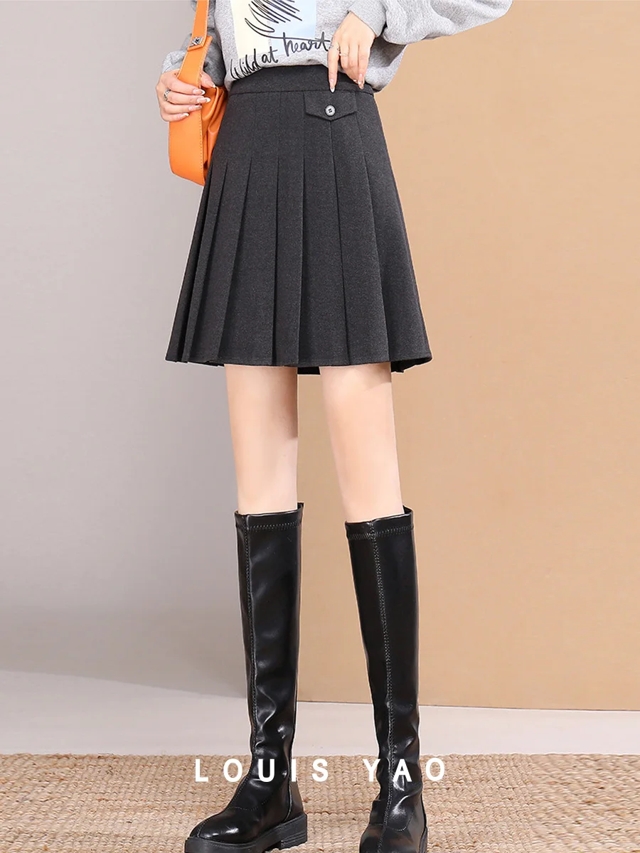 LOUIS YAO 2024 High Waist Retro Pleated Skirt College Style Thick Short Umbrella Skirt Spring Autumn Age Reducing Half Skirt