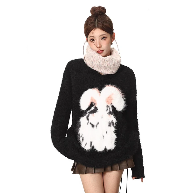

American Vintage Mink V-Neck Sweater Black Kawaii Plush Rabbit Print Sweater Women's Autumn/Winter Y2K Chic Streetwear Jumper