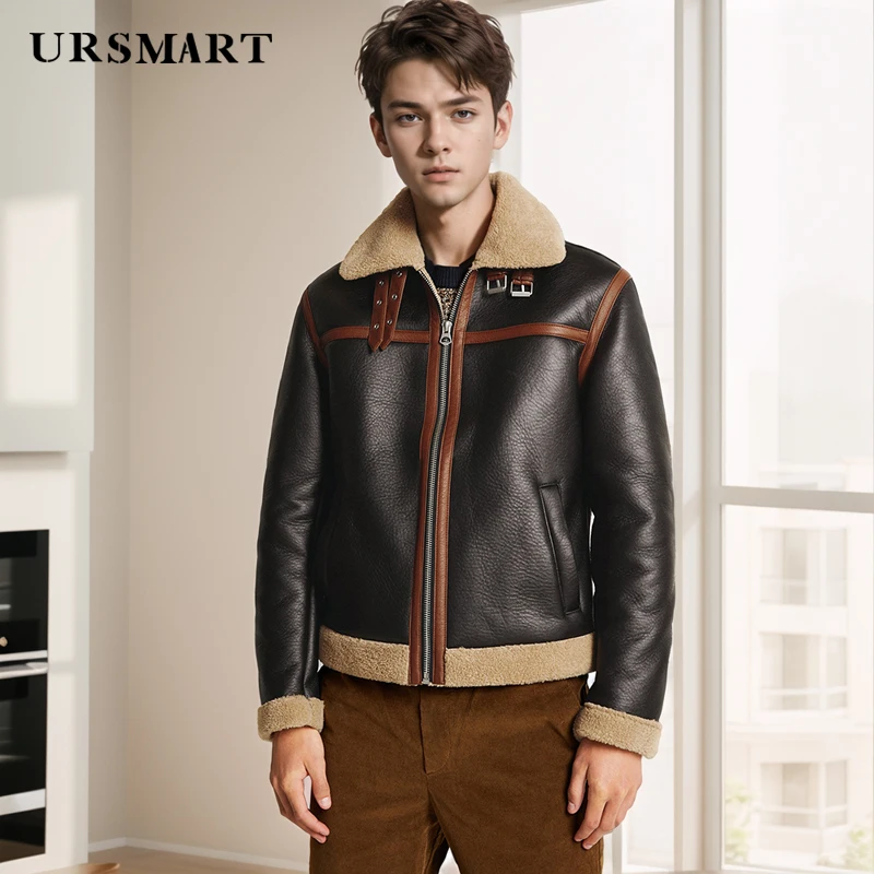 

Leather and fur integrated B3 leather air force flight jacket British fashion sheepskin thickened warm winter jacket coat men