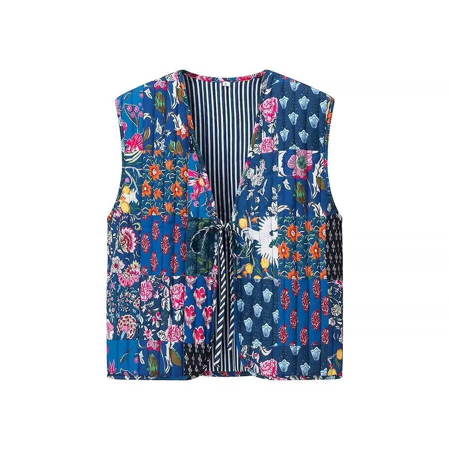 Women Elegant Vintage Quilted Waistcoat 2024 Fashion Ladies Sweet Lace Up Floral Print Vest for Female Chic Clothes