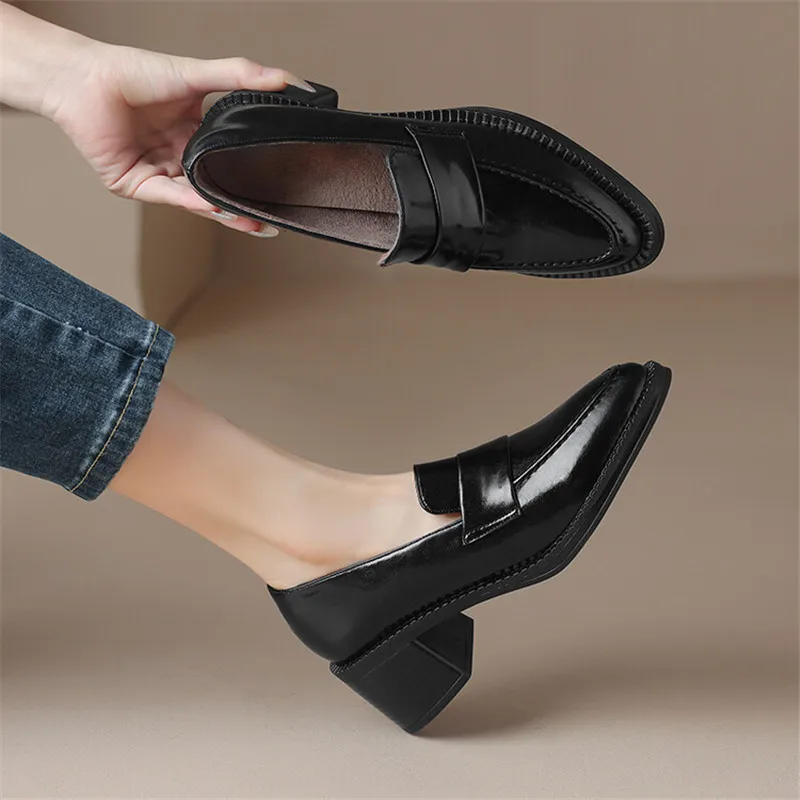 New Autumn Winter Short Plush Split Leather Loafers Pointed Toe Chunky Heel Women Pumps Shoes for Women Concise Ladies Shoes