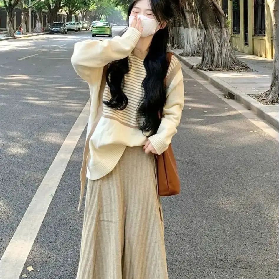 

Korea One-Piece/Two-Piece Spring Autumn Striped Sweater Sweater Slimming Skirt Sweet Age-Reducing Suit Women