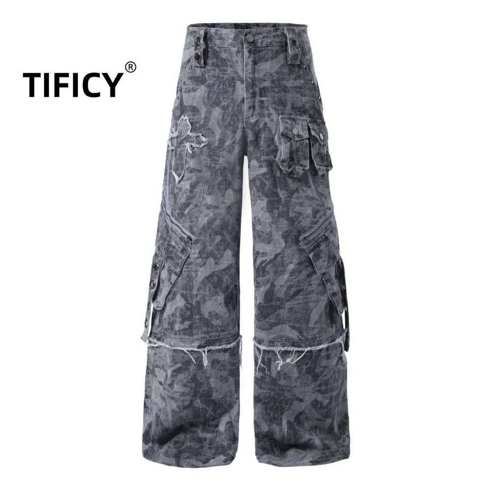 Camouflage Washed Distressed Workwear Jeans Pant Men's Multiple Pockets Functional Punk Style Wasteland Style Denim Pants