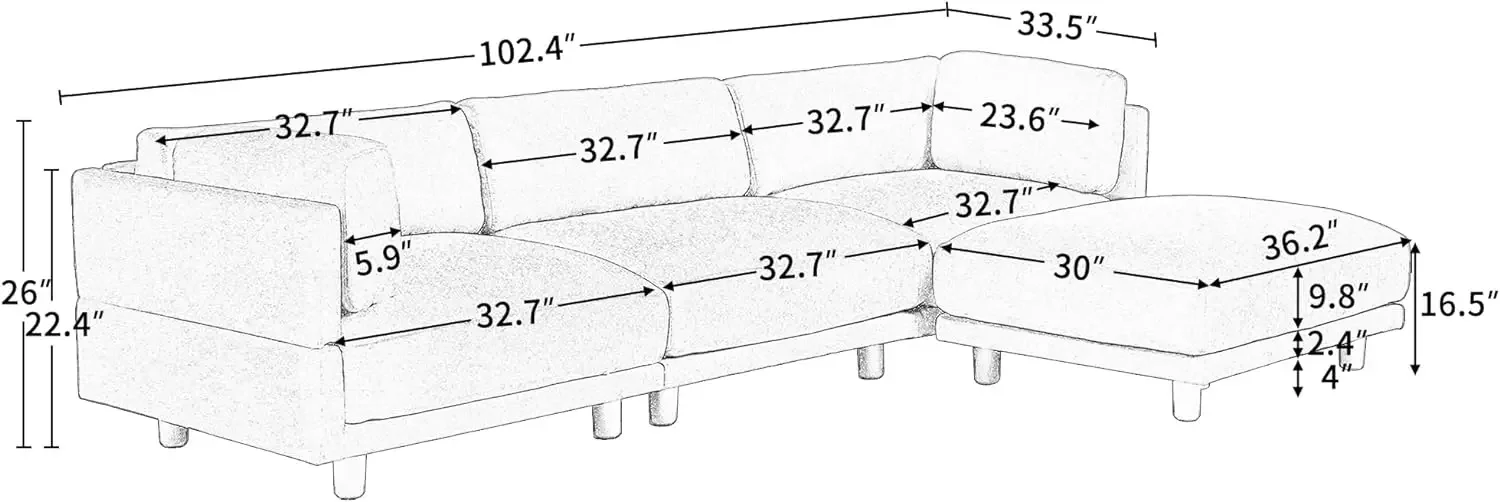 Extra Wide Deep Seat Convertible Modular Sectional Couch with Movable Ottoman and Detachable Backrest , L Shaped