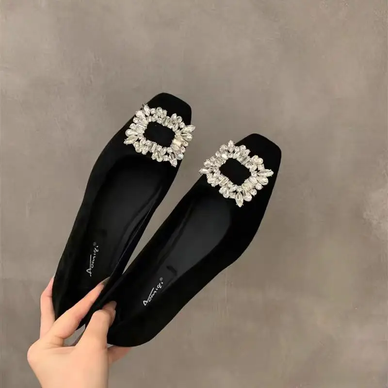 

Square Head Rhinestone Genuine Leather Flat Bot Work oes Women's Faion Single oes Slip-On Casual Footwear for Mothers