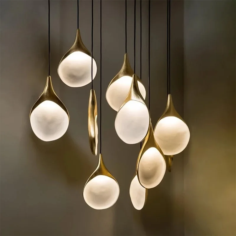 Modern Spoon LED Pendant Light Hotel Hall Living Brass Resin Round Ceiling Chandelier Hanging Lamp Fixtures Retro Luminaire