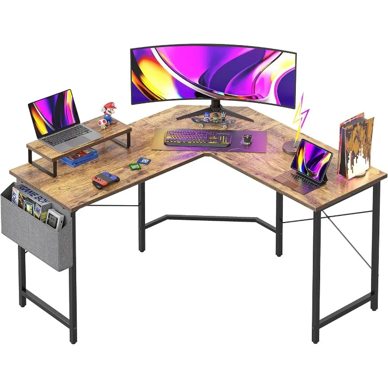 

Г-образный игровой стол, 47,2-дюймовый угловой компьютерный стол с подставкой для монитора, для домашнего офиса, учебы, письменной рабочей станции, в деревенском стиле
