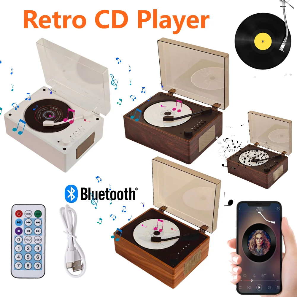 Vintage CD Player Bluetooth 5.0 Built-in Speaker Portable Rechargeable CD Music Player for Phone USB Lossless Player Home Decor