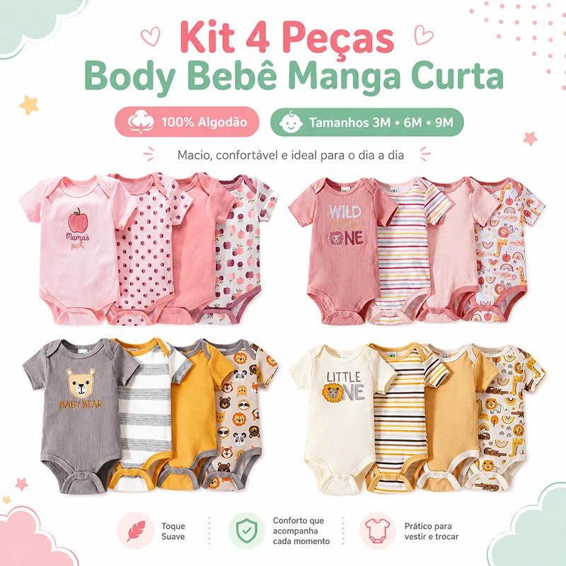 Kit 4 Bodies de Bebê Manga Curta em Algodão