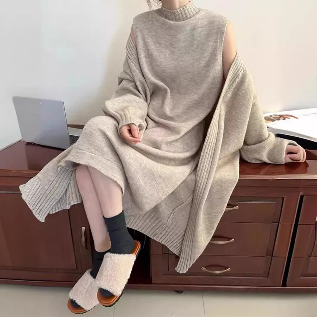 Korean Version Two-piece Knitted Cardigan Women's Autumn and Winter New Item High Neck Vest Skirt Casual Women's Set