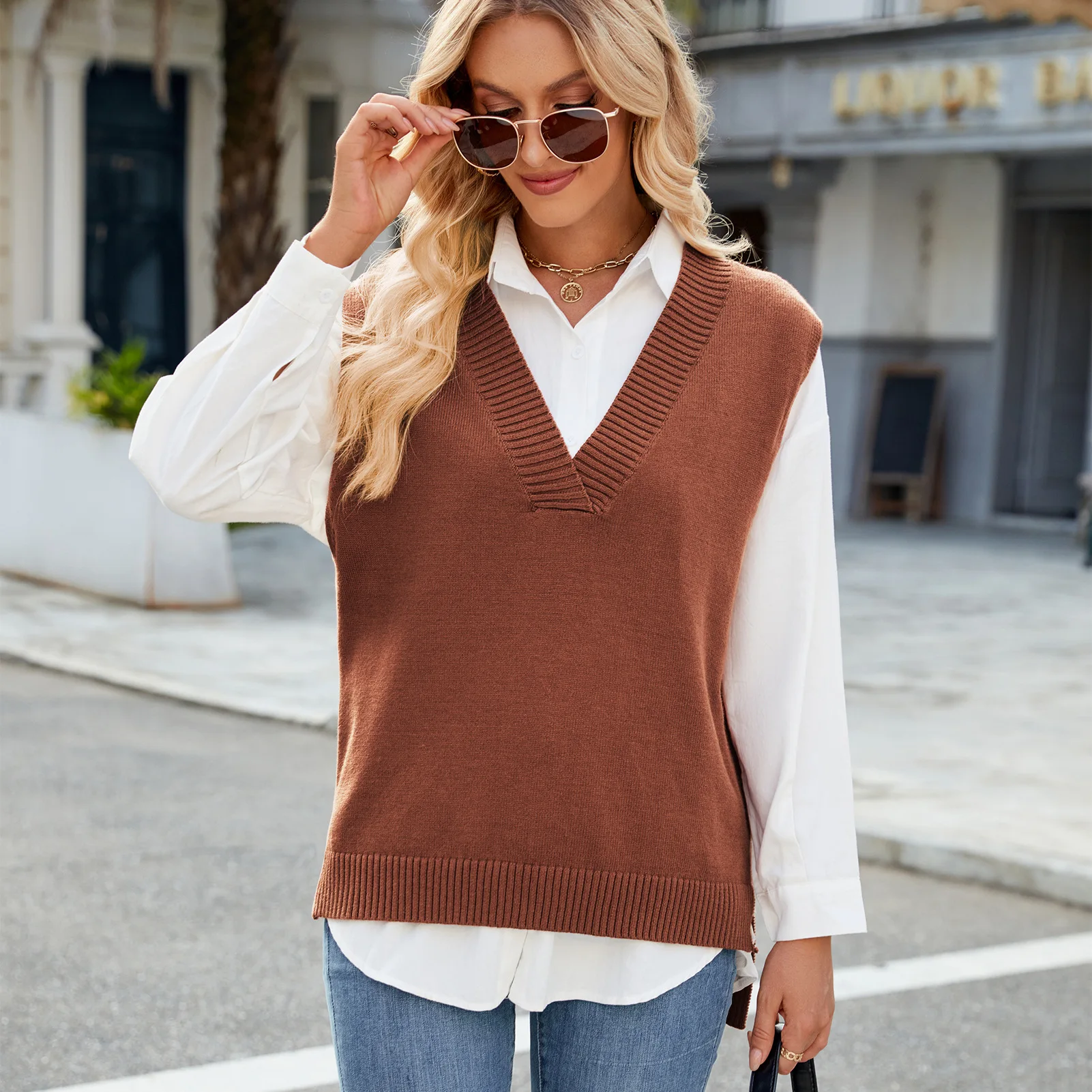 

Sweater Vest Women Knitting Top V Neck Sleeveless Knitwear Pullover Knitted Tops Solid Color Streetwear Autumn Winter Waistcoat